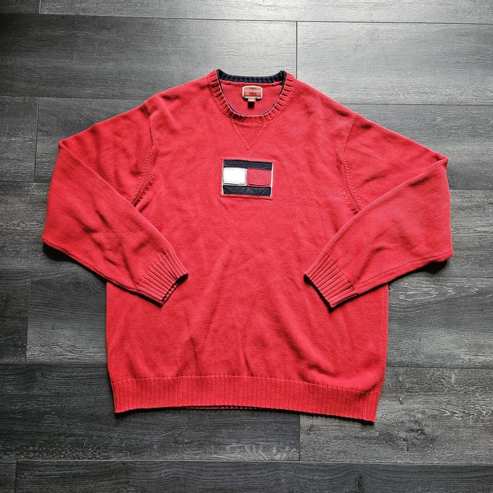 Vintage Tommy Hilfiger Denim Adult XL Rib Knit Crest Sweater Red‎ Embroidered
